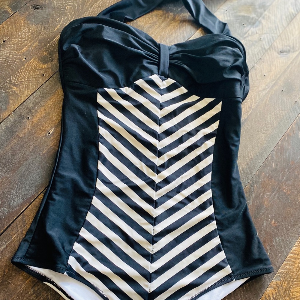 Black and White Striped One-Piece Swimsuit